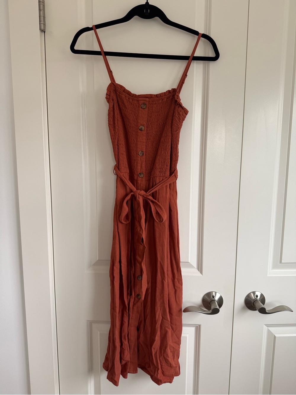 Abercrombie & Fitch Rust Button-Front Smocked Midi Dress